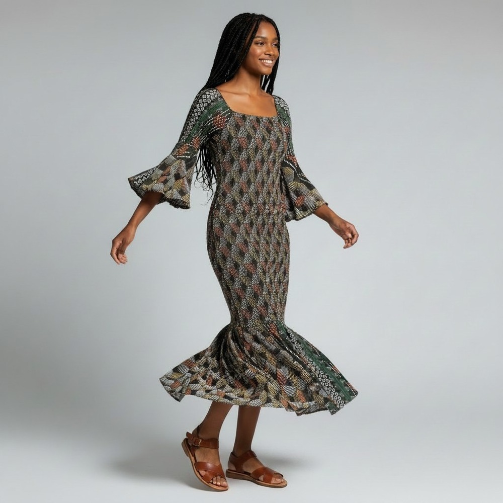 Womens African Wax Print Smocked Mini Dress Geometric Bell Sleeve Boho Multi M